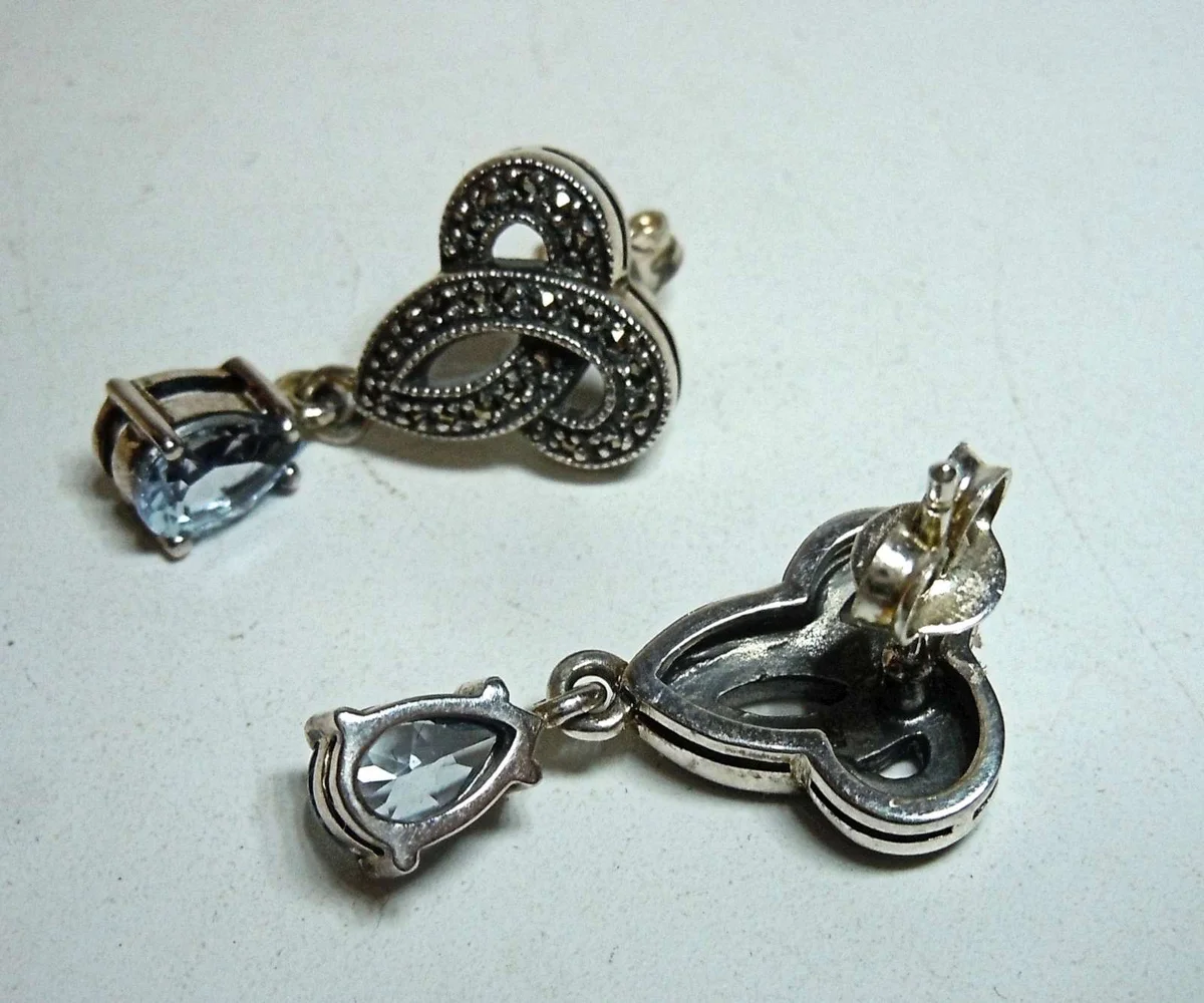 Elegante Jugendstil Ohrringe aus 925 Silber mit Aquamarin & Markasit – Handgefertigte Hängeohrringe