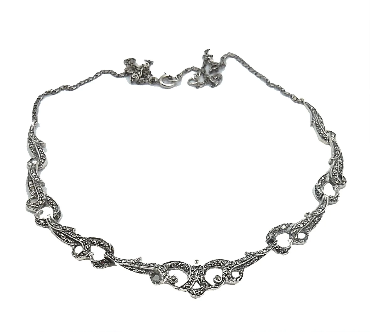 Wunderschönes 925 Silber Jugendstil Collier mit handgefaßten Markasiten