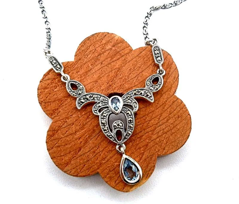 Feines Jugendstil Silber Collier mit Aquamarin und Markasiten