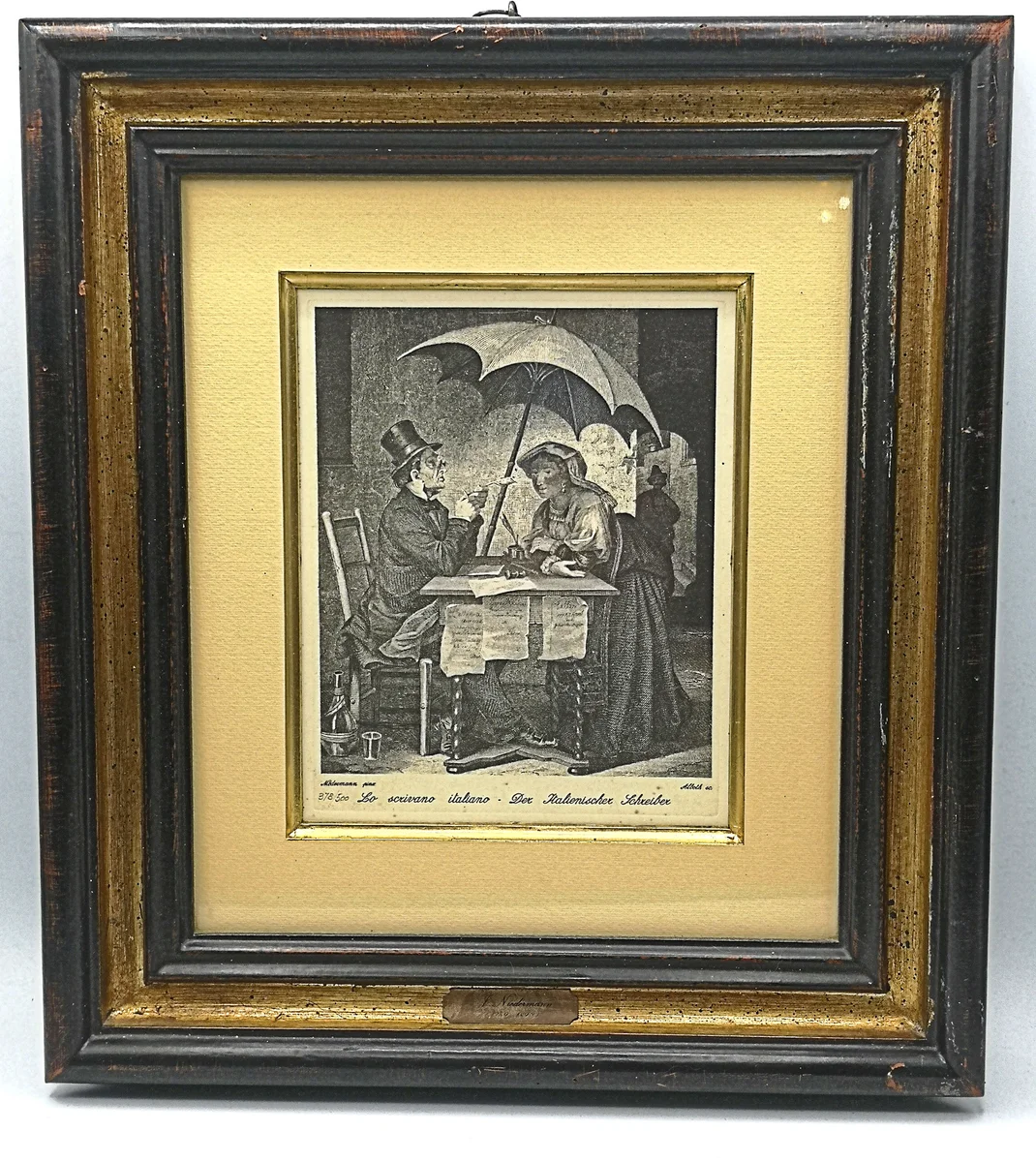 Zertifizierte Kalligraphie zu Kupferstich von J. Niedermann, Holzrahmen, 34x37cm, Der italienische Schreiber