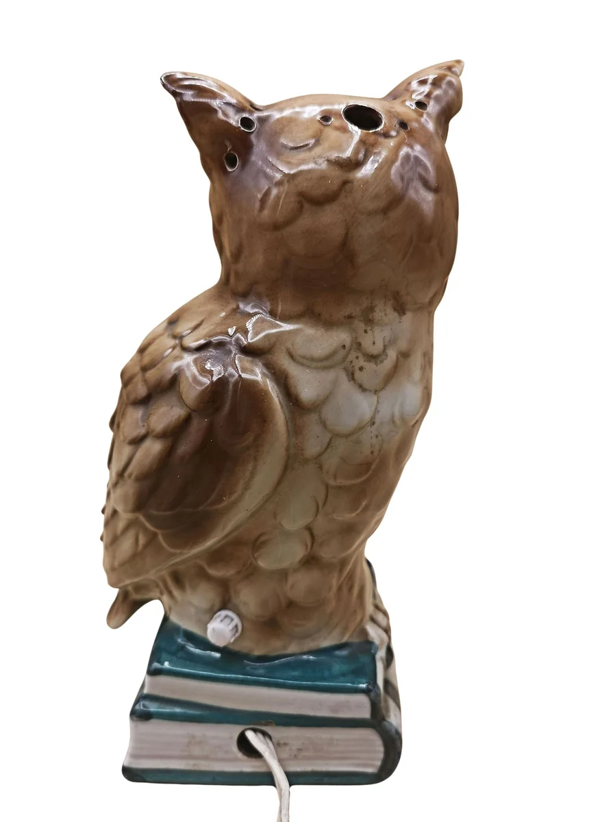 Vintage Rauchverzehrer Eule auf Büchern – Porzellan-Tischlampe um 1960 mit Glasaugen