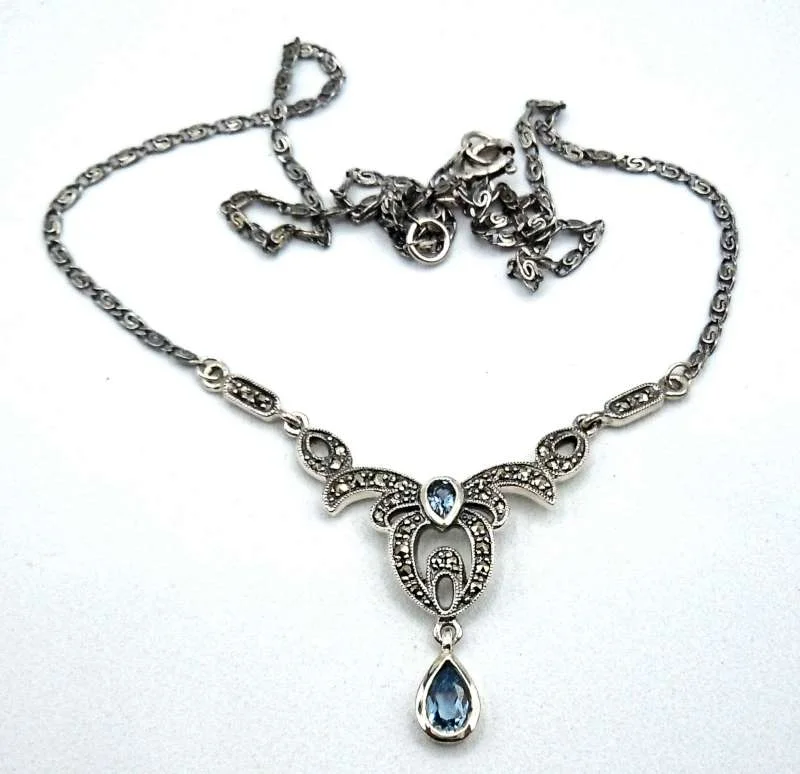 Feines Jugendstil Silber Collier mit Aquamarin und Markasiten