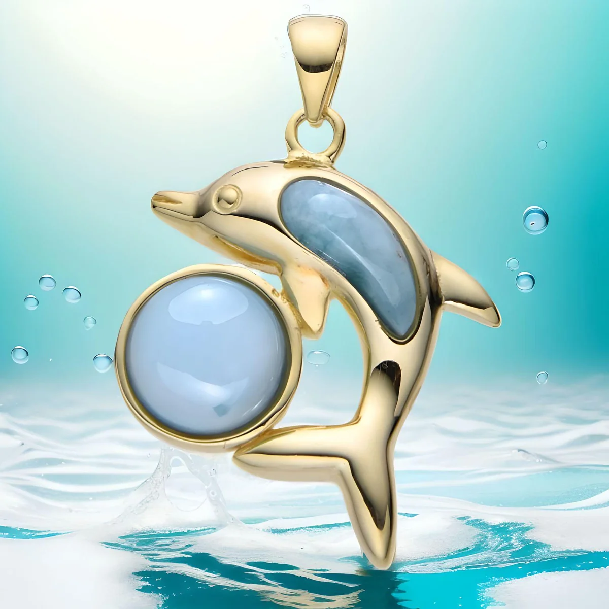 Karibischer Larimar Delphin mit Ball Anhänger an Ankerkette 925 Silber vg.