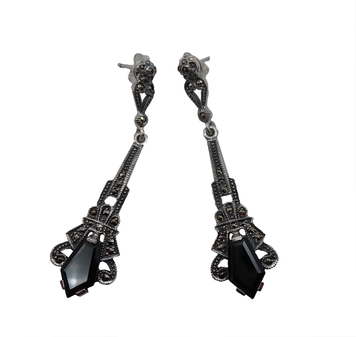 Art-Deco Ohrschmuck aus 925 Silber mit Onyx & Markasit – handgefertigte Eleganz