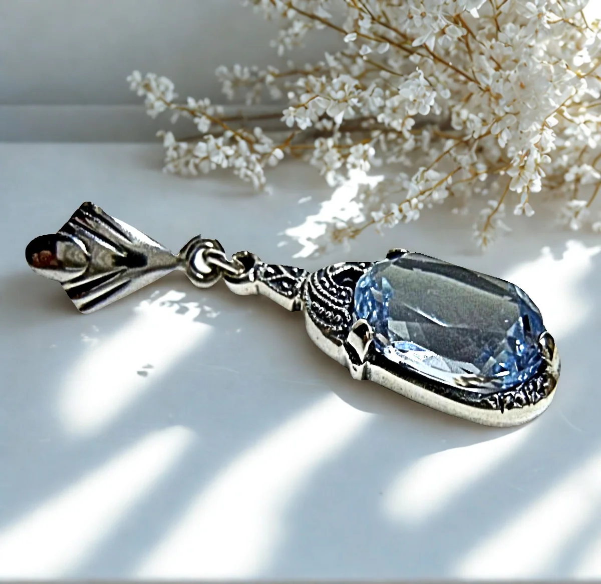 Art-Deco Aquamarin Schmuckset aus 925 Silber – Anhänger mit Ohrhängern & Singapurkette