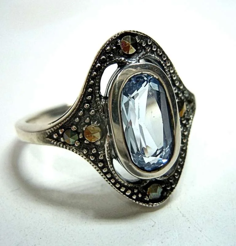 925 Silber Jugendstil Aquamarin Ring Pforzheim  52