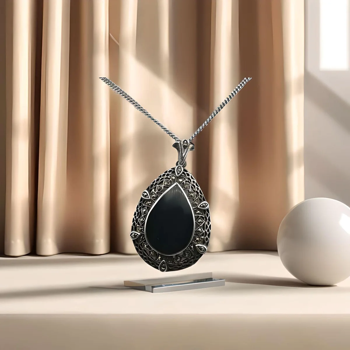 925 Silber Tropfen Anhänger mit Onyx und Markasiten mit Kette