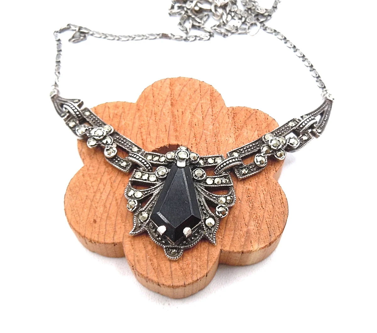 Jugendstil Collier aus 925 Silber mit Onyx & Markasit – Filigrane Handarbeit