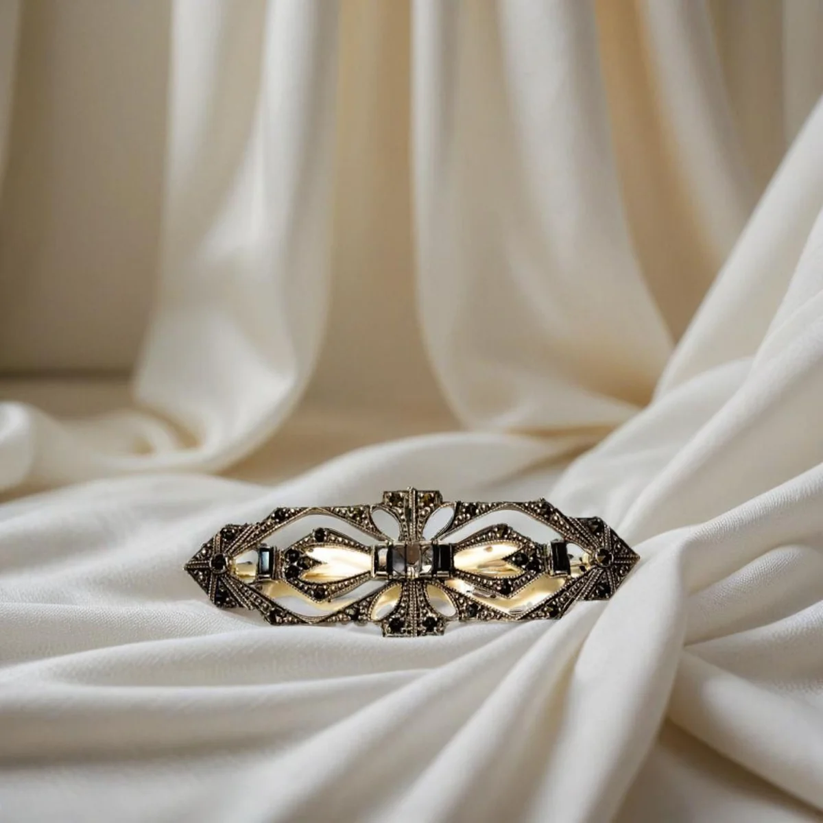 Glamouröse 925 Silber Jugendstil Onyx Brosche
