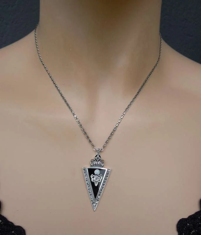 925 Silber Art Deco Collier mit Onyx, Opal und Markasiten