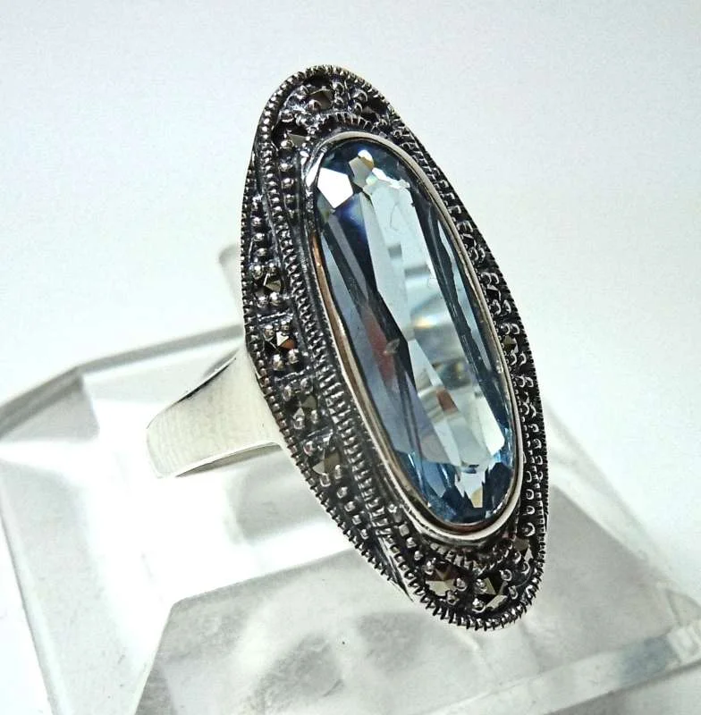 Silber Jugendstil Ring mit ovalem Aquamarin & handgefassten Markasiten – 925 Sterling Silber RG56