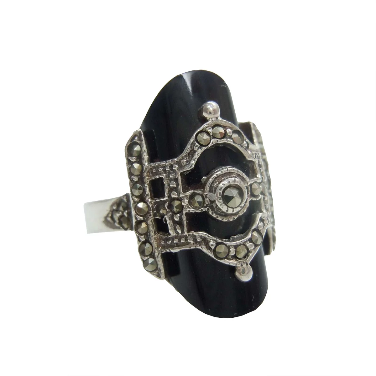 Eleganter Sterling Silber Onyx Art Deco Ring mit Markasiten RG56