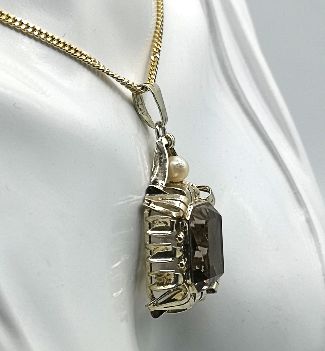 ART DECO Rauchquarz Anhänger mit Perle Pforzheim um 1930