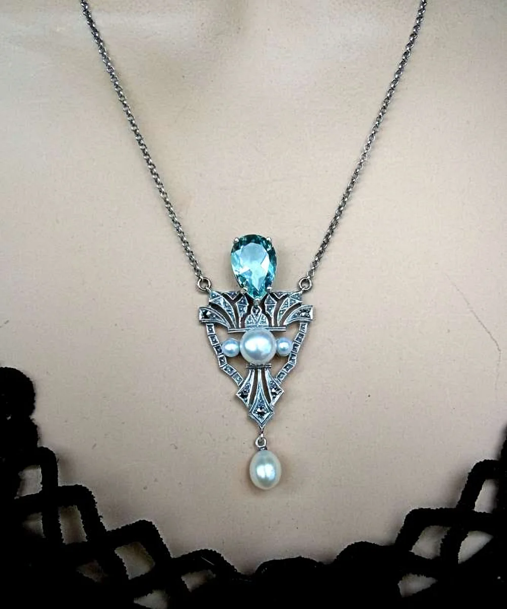 Traumhaftes Jugendstil Collier mit Aquamarin & Perlen | Handgefertigter 925 Silber Halsschmuck aus Pforzheimer Manufaktur
