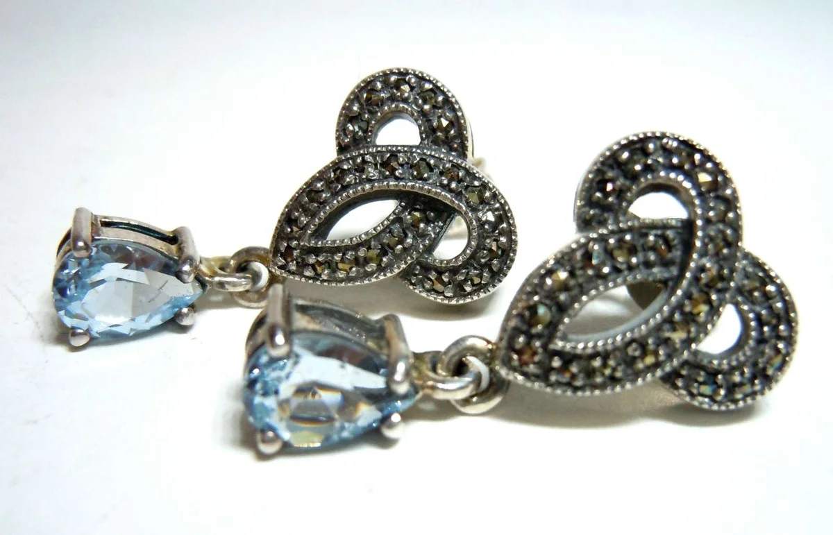 Elegante Jugendstil Ohrringe aus 925 Silber mit Aquamarin & Markasit – Handgefertigte Hängeohrringe